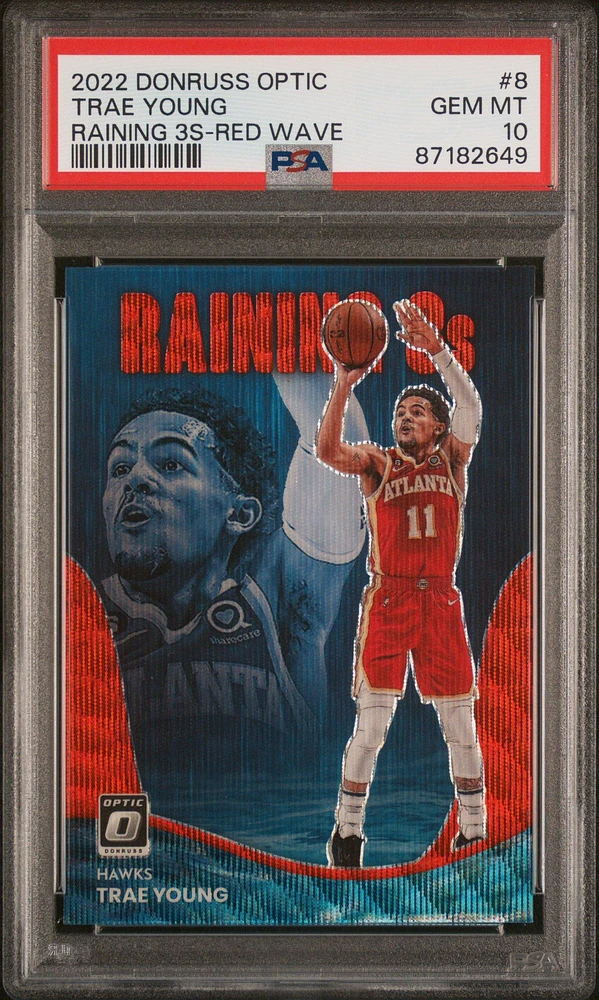 2022 Panini Donruss Optic Raining 3s 8 Trae Young Red Wave PSA 10