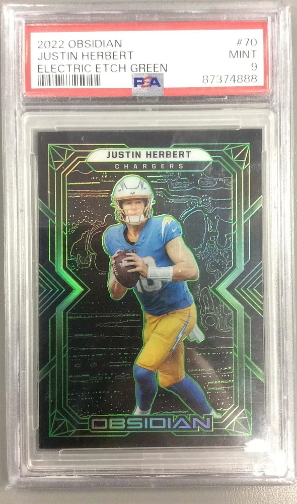 2022 Panini Obsidian 70 Justin Herbert Electric Etch Green PSA 9