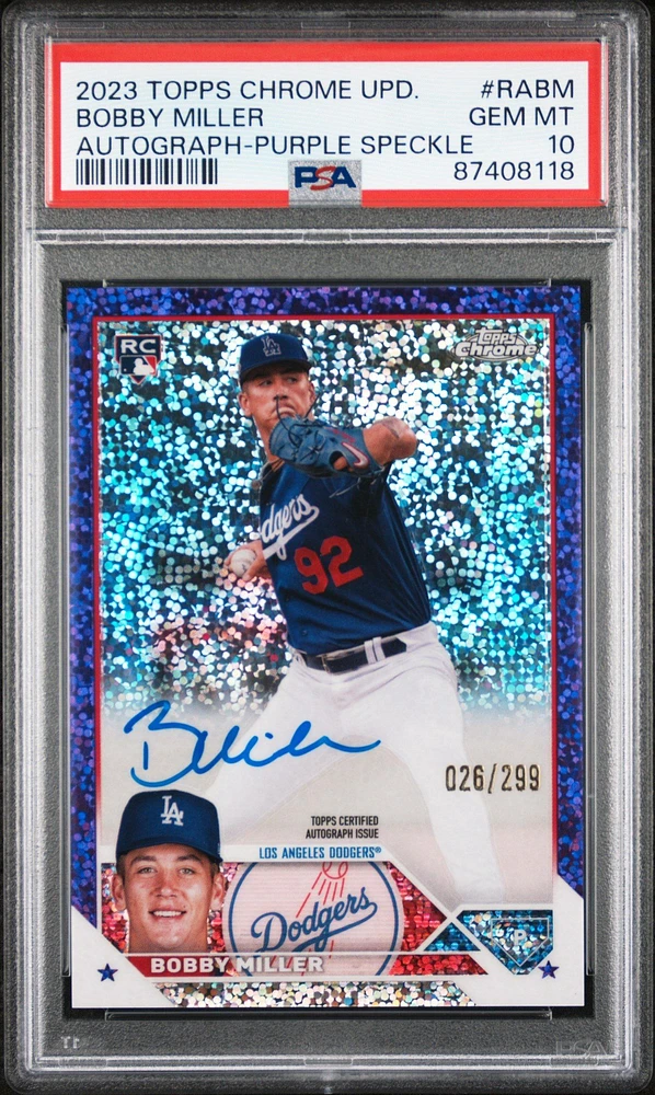2023 Topps Chrome Update Autograph Rabm Bobby Miller Purple Speckle Refractor PSA 10