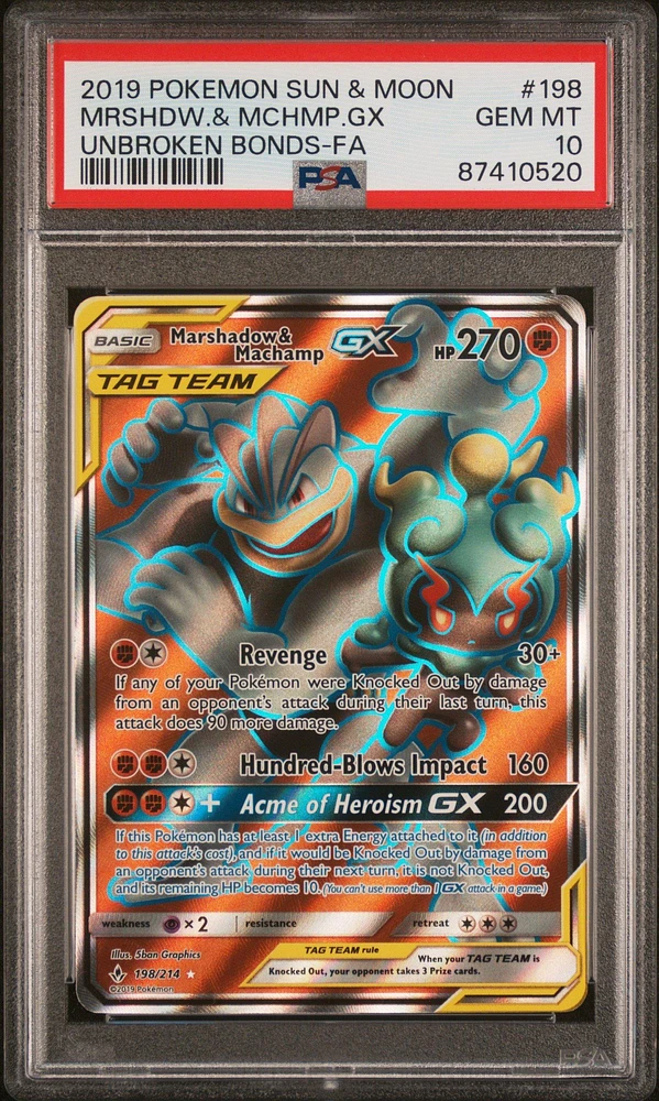 2019 Pokemon Sun & Moon Unbroken Bonds Full Art/marshadow & Machamp Gx PSA