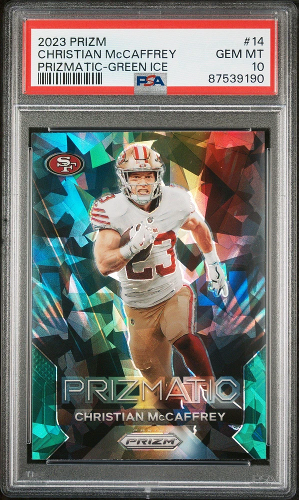 2023 Panini Prizm Prizmatic 14 Christian Mccaffrey Green Ice PSA 10