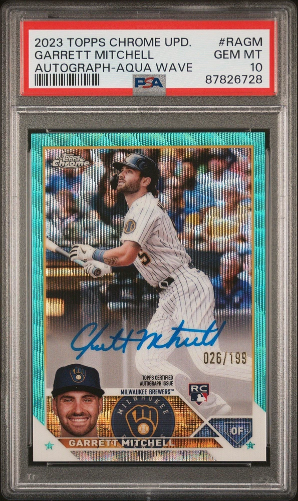 2023 Topps Chrome Update Autograph Ragm Garrett Mitchell Aqua Wave Refractor PSA 10