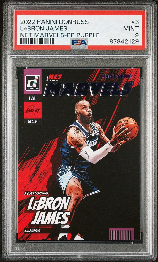 2022 Panini Donruss Net Marvels 3 Lebron James Press Proof Purple PSA 9