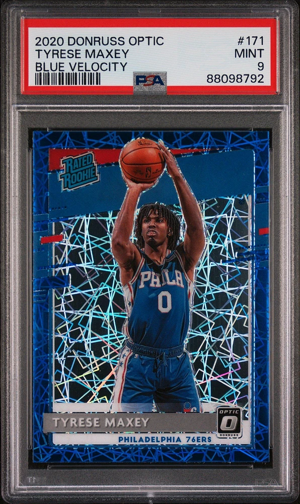 2020 Panini Donruss Optic 171 Tyrese Maxey Blue Velocity PSA 9