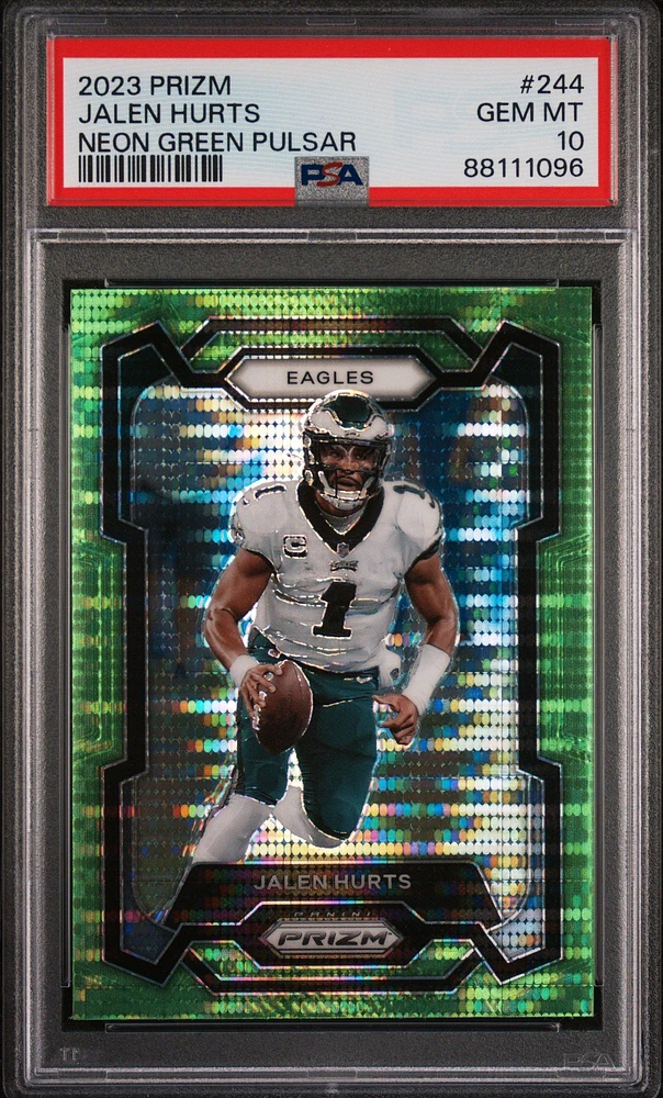 2023 Panini Prizm 244 Jalen Hurts Neon Green Pulsar PSA 10