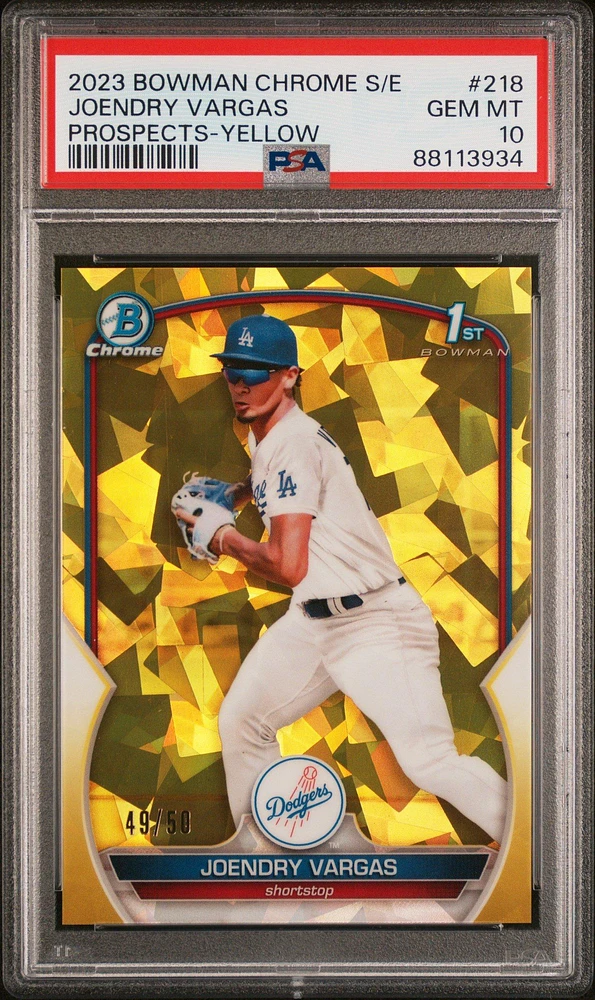 2023 Bowman Chrome Sapphire Edition Prospects 218 Joendry Vargas Yellow PSA 10