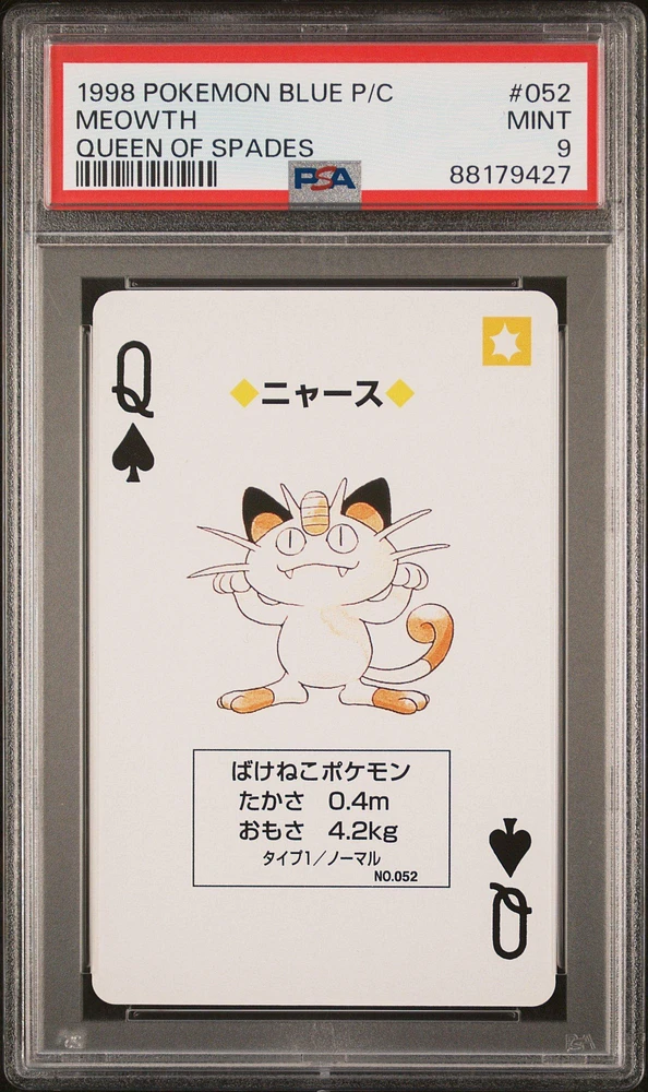 1998 Pokemon Blue Version Playing Cards 052 Meowth Queen Of Spades PSA 9