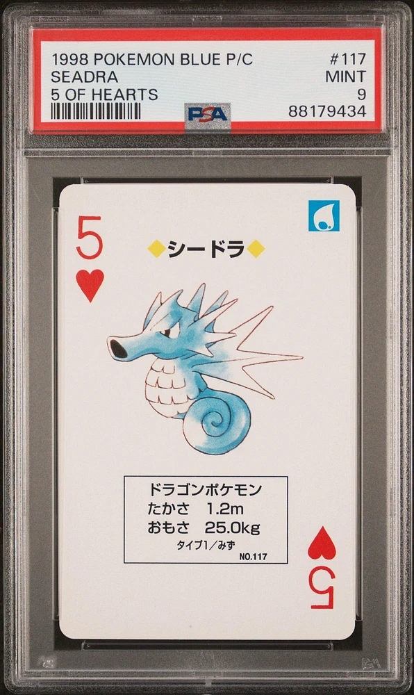 1998 Pokemon Blue Version Playing Cards 117 Seadra 5 Of Hearts PSA 9