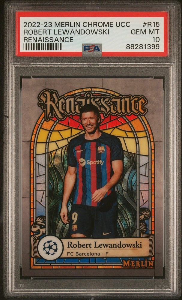 2022-23 Topps Merlin Chrome Uefa Club Competitions Renaissance R15 Robert Lewandowski PSA 10