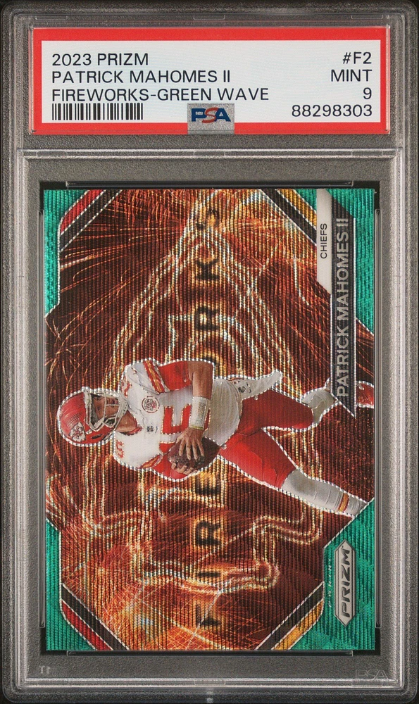 2023 Panini Prizm Fireworks F2 Patrick Mahomes Ii Green Wave PSA 9