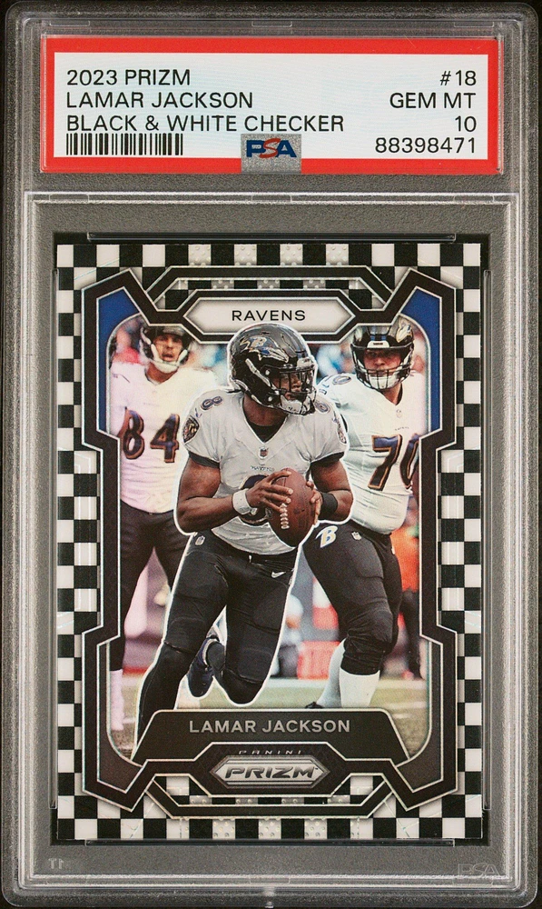 2023 Panini Prizm 18 Lamar Jackson Black & White Checker PSA 10