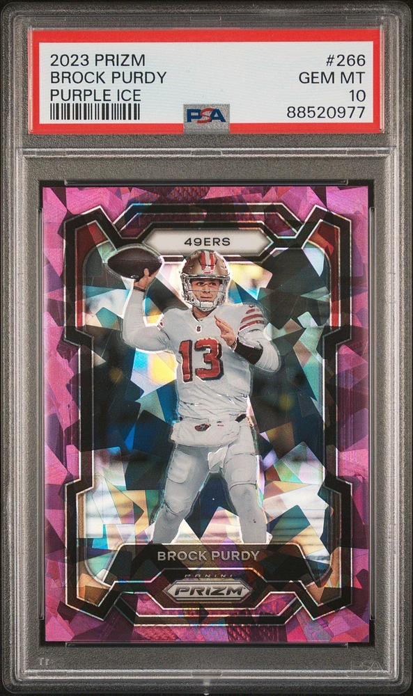 2023 Panini Prizm 266 Brock Purdy Purple Ice PSA 10