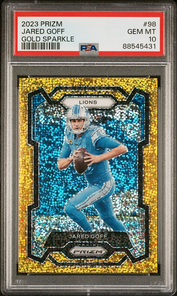 2023 Panini Prizm 98 Jared Goff Gold Sparkle PSA 10