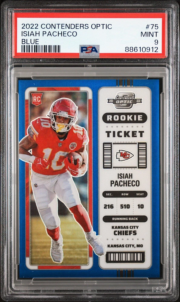 2022 Panini Contenders Optic 75 Isiah Pacheco Blue PSA 9