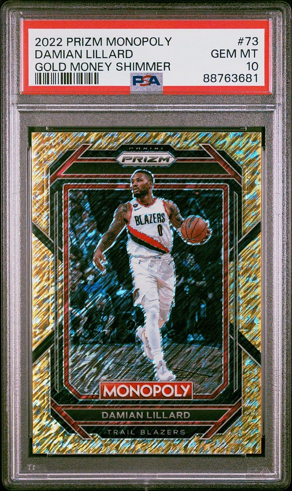 2022 Panini Prizm Monopoly 73 Damian Lillard Gold Money Shimmer PSA 10