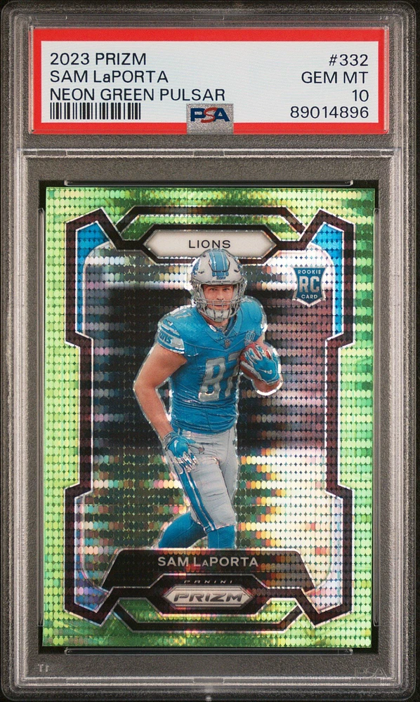 2023 Panini Prizm 332 Sam Laporta Neon Green Pulsar PSA 10