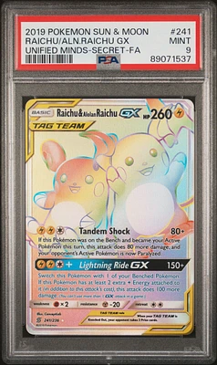 2019 Pokemon Sun & Moon Unified Minds 241 Full Art/raichu & Alolan Raichu Gx Secret PSA