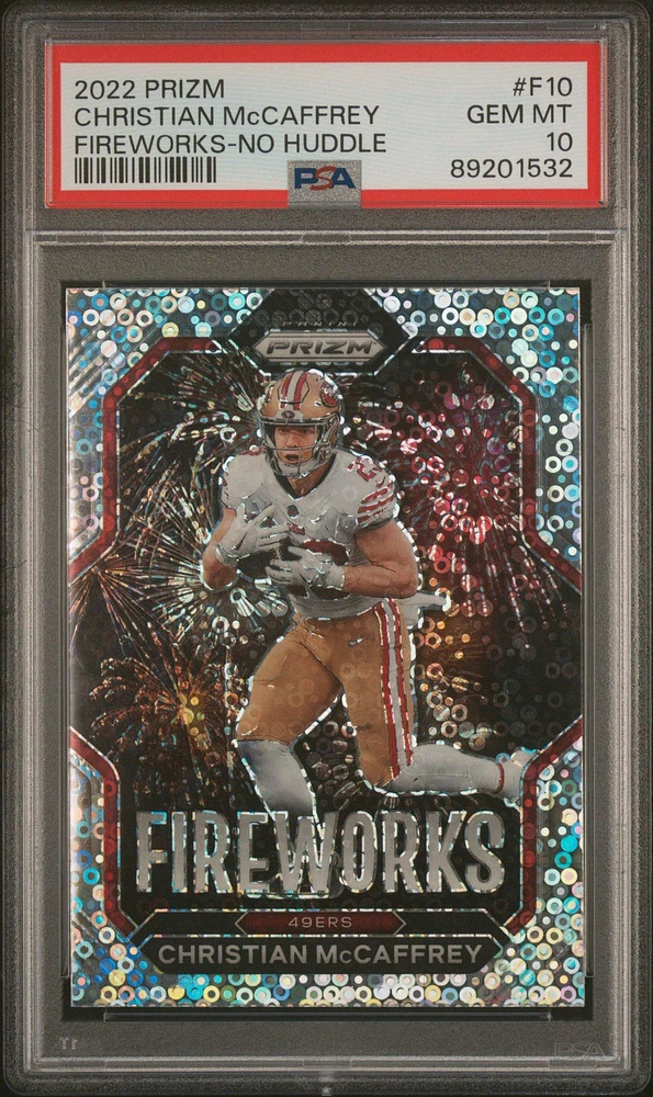 2022 Panini Prizm Fireworks F10 Christian Mccaffrey No Huddle PSA 10