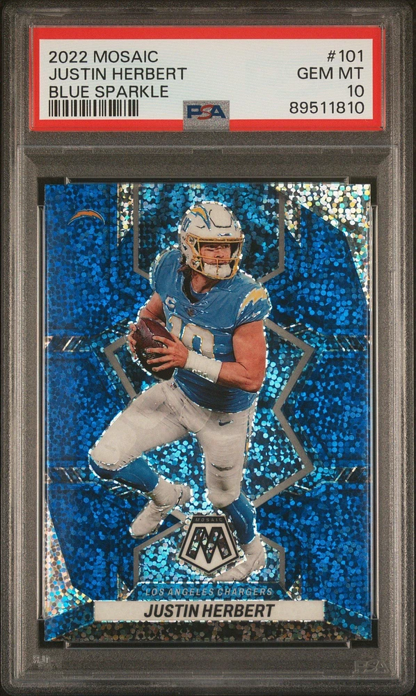 2022 Panini Mosaic 101 Justin Herbert Blue Sparkle PSA 10