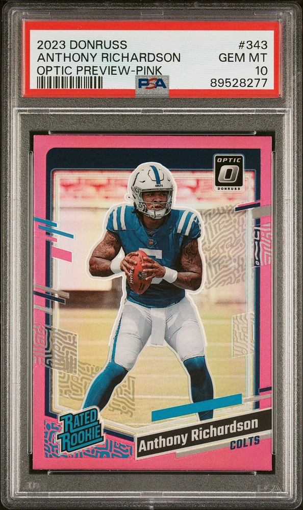 2023 Panini Donruss 343 Anthony Richardson Optic Preview-pink PSA 10