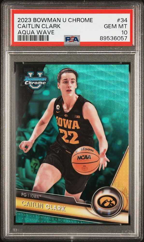 2023 Bowman University Chrome 34 Caitlin Clark Aqua Wave PSA 10