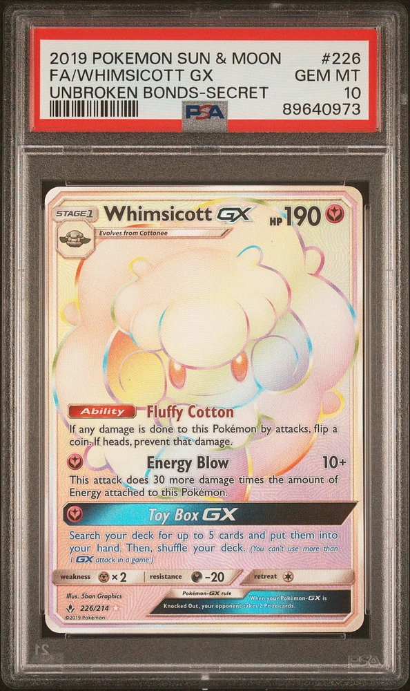 2019 Pokemon Sun & Moon Unbroken Bonds 226 Full Art/whimsicott Gx Secret PSA 10