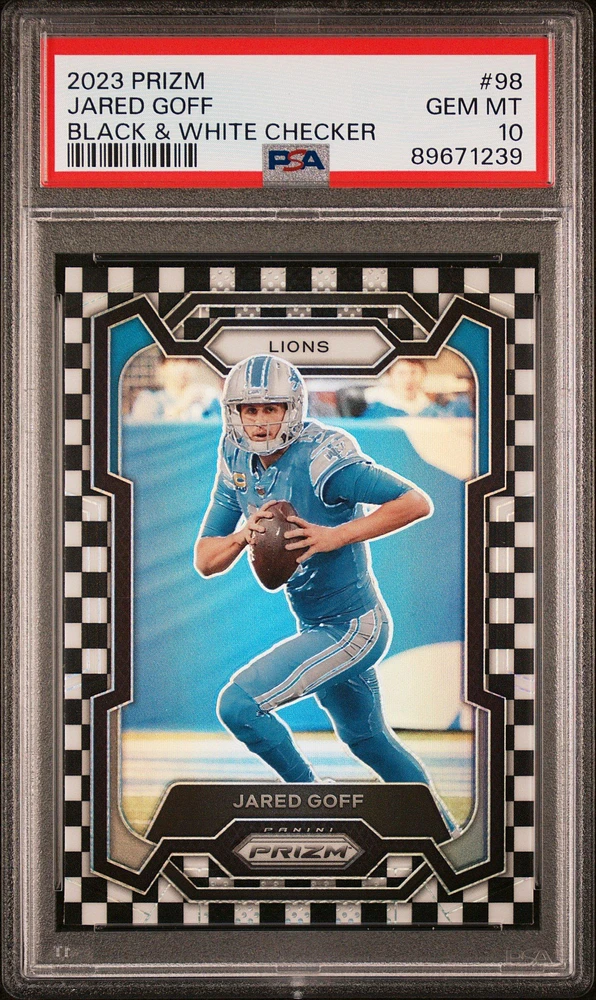 2023 Panini Prizm 98 Jared Goff Black & White Checker PSA 10