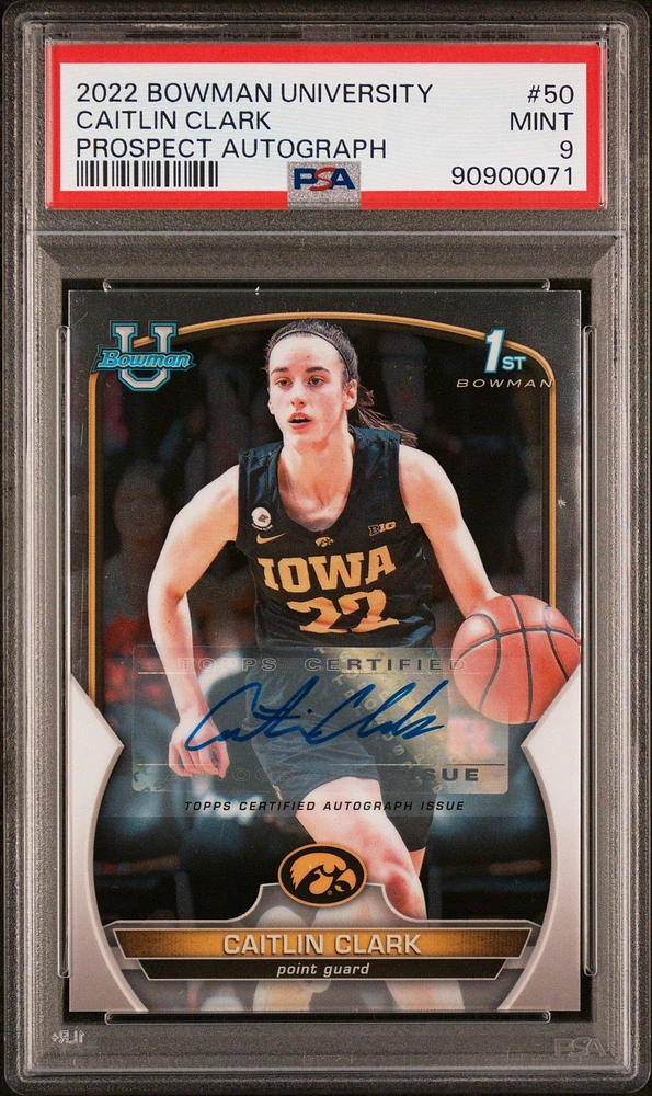 2022 Bowman Chrome University 50 Caitlin Clark Prospect Autograph PSA 9