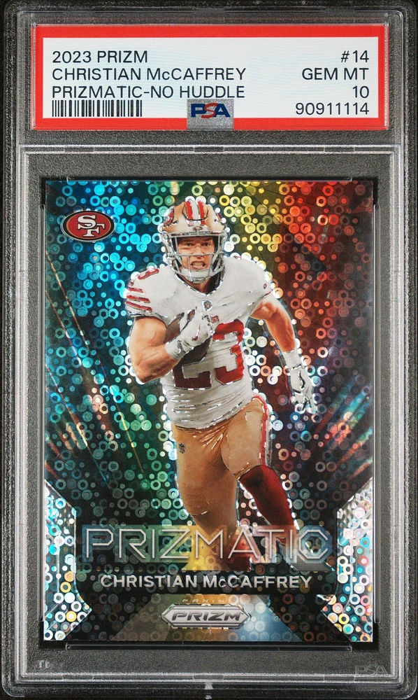 2023 Panini Prizm Prizmatic 14 Christian Mccaffrey No Huddle PSA 10