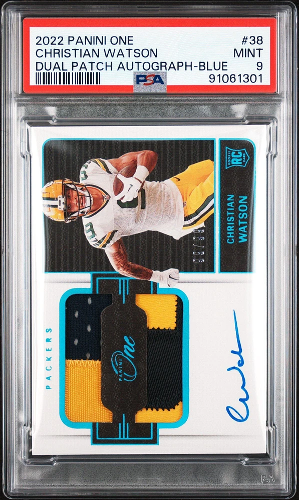 2022 Panini One 38 Christian Watson Dual Patch Autograph-blue PSA 9