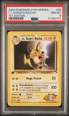 2000 Pokemon Gym Heroes 28 Lt. Surge's Raichu 1st Edition PSA 8