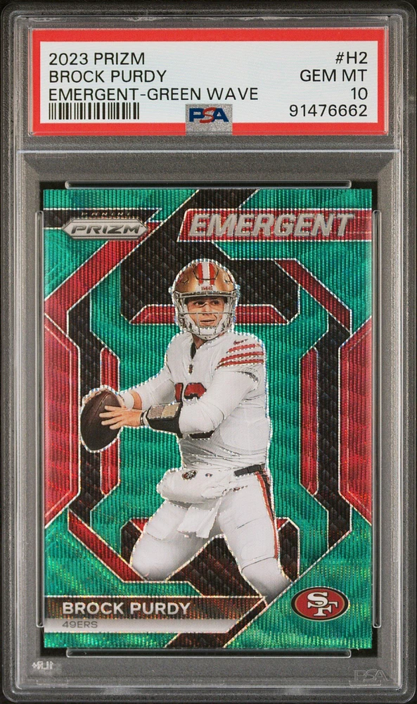 2023 Panini Prizm Emergent H2 Brock Purdy Green Wave PSA 10