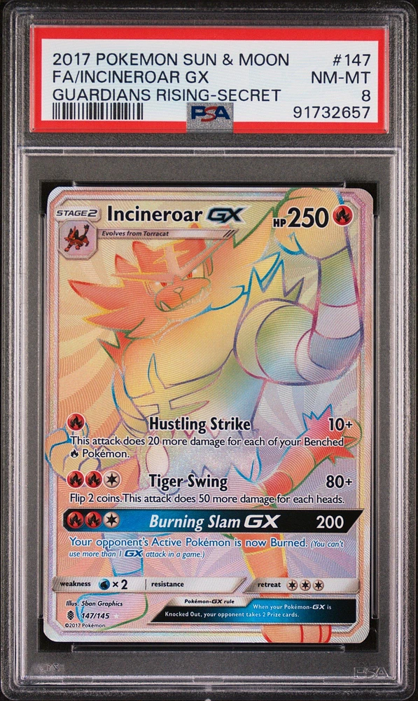 2017 Pokemon Sun & Moon Guardians Rising 147 Full Art/incineroar Gx Secret PSA 8