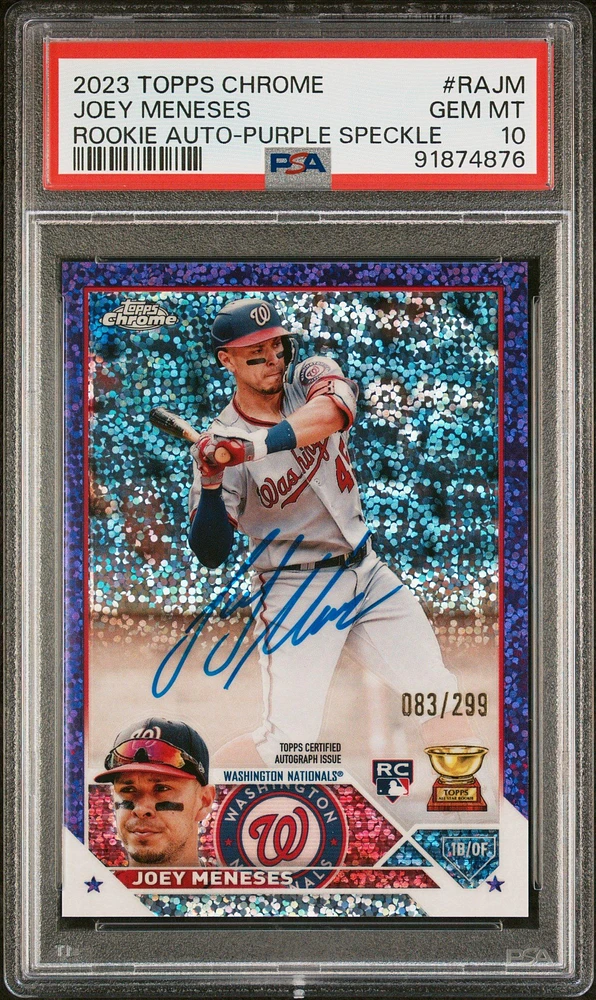 2023 Topps Chrome Rookie Autograph Rajm Joey Meneses Purple Speckle Refractor PSA 10