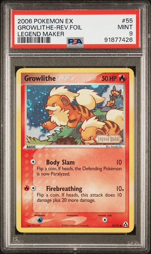 2006 Pokemon Ex Legend Maker 55 Growlithe-reverse Foil PSA 9