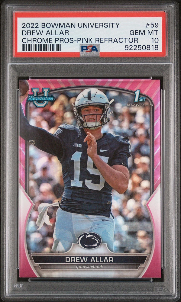 2022 Bowman University Chrome Prospects 59 Drew Allar Pink Refractor PSA 10