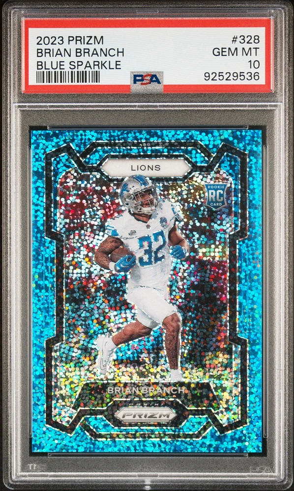 2023 Panini Prizm 328 Brian Branch Blue Sparkle PSA 10