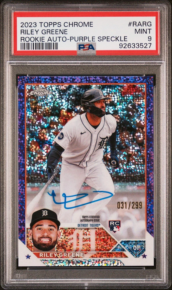 2023 Topps Chrome Rookie Autograph Rarg Riley Greene Purple Speckle Refractor PSA 9