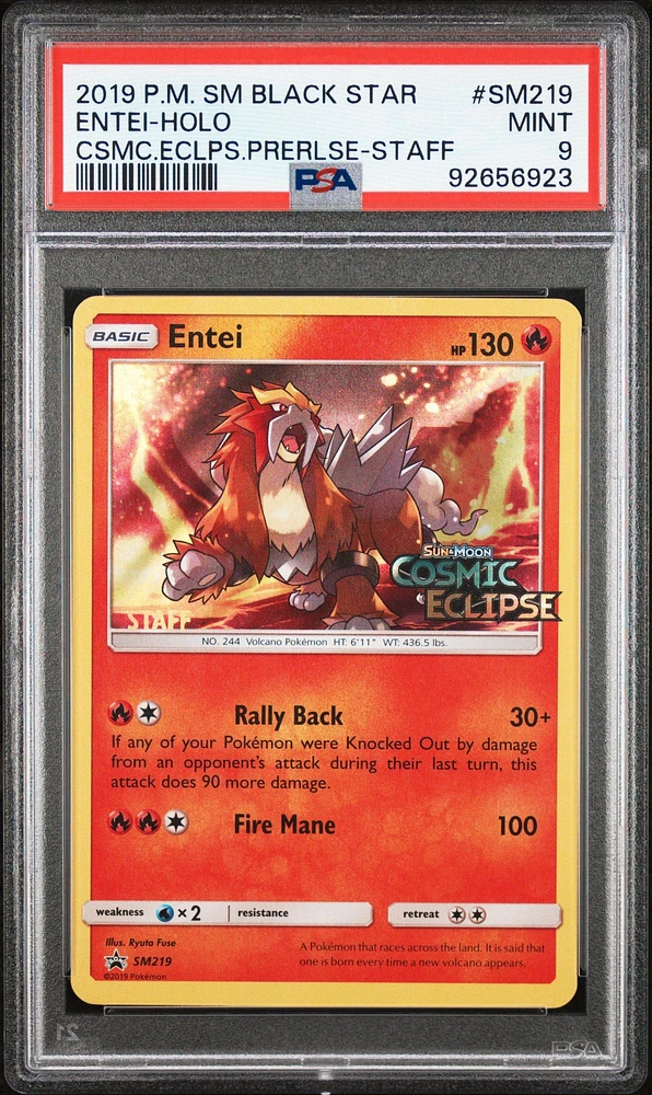 2019 Pokemon Sm Black Star Promo Sm219 Entei-holo Cosmic Eclipse Prerelease-staff PSA 9
