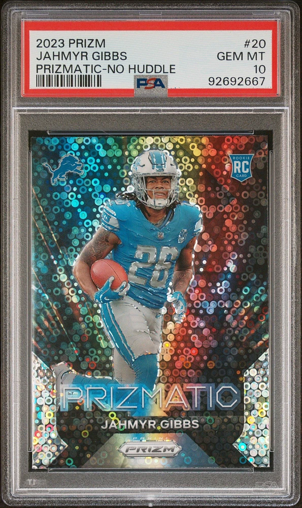 2023 Panini Prizm Prizmatic 20 Jahmyr Gibbs No Huddle PSA 10
