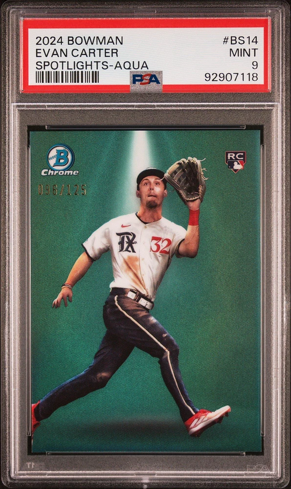 2024 Bowman Bowman Spotlights Bs14 Evan Carter Aqua Refractor PSA 9