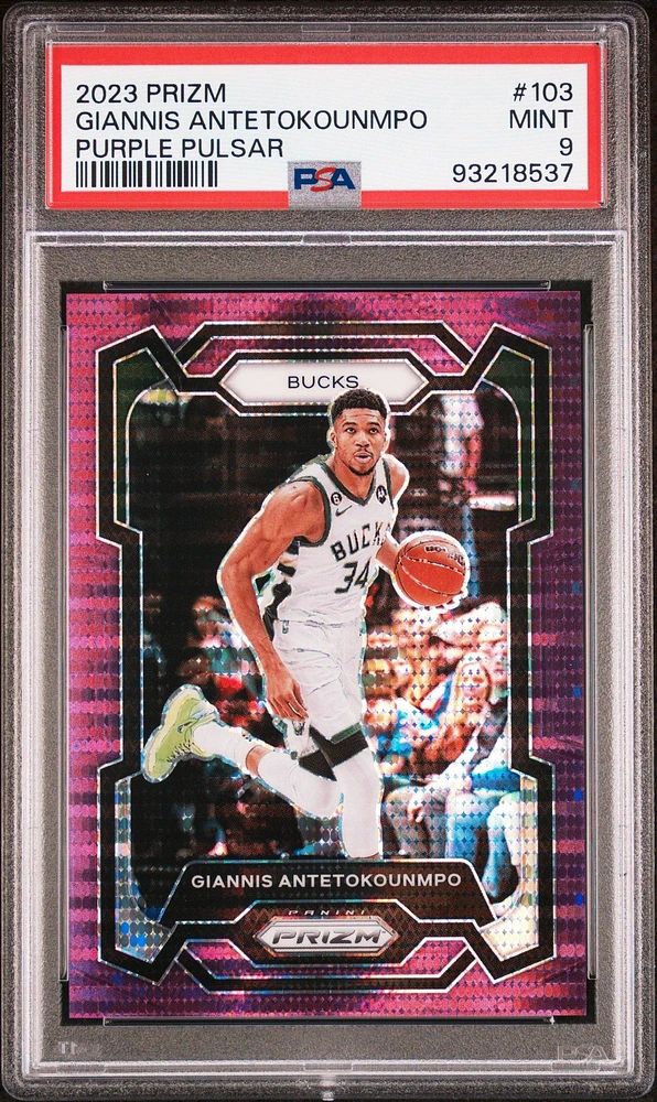 2023 Panini Prizm 103 Giannis Antetokounmpo Purple Pulsar PSA 9