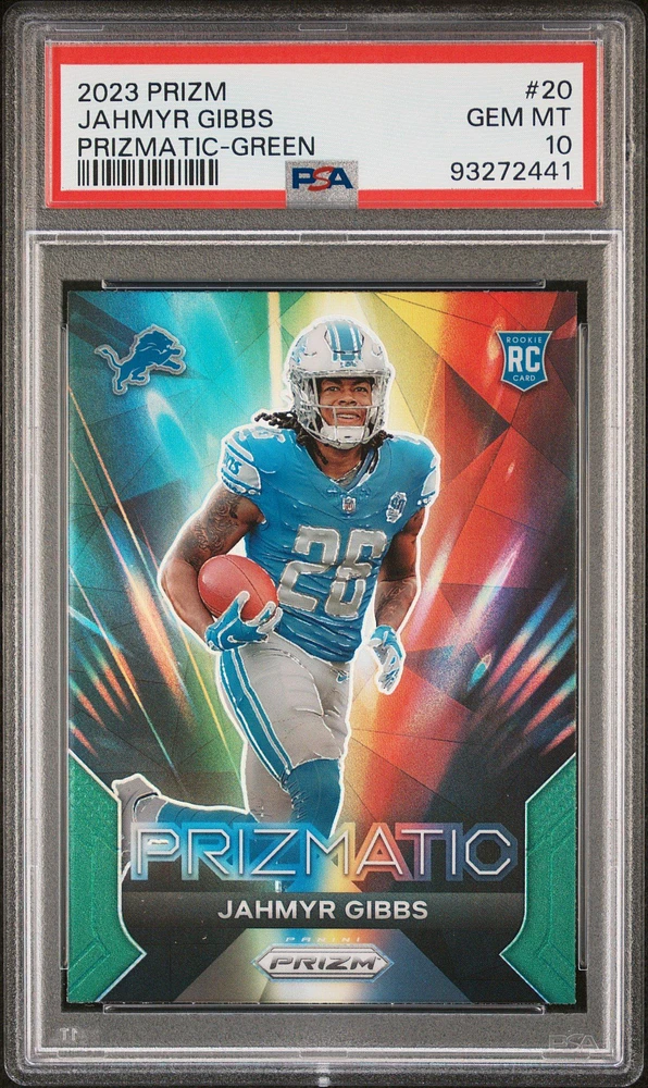 2023 Panini Prizm Prizmatic 20 Jahmyr Gibbs Green Prizm PSA 10
