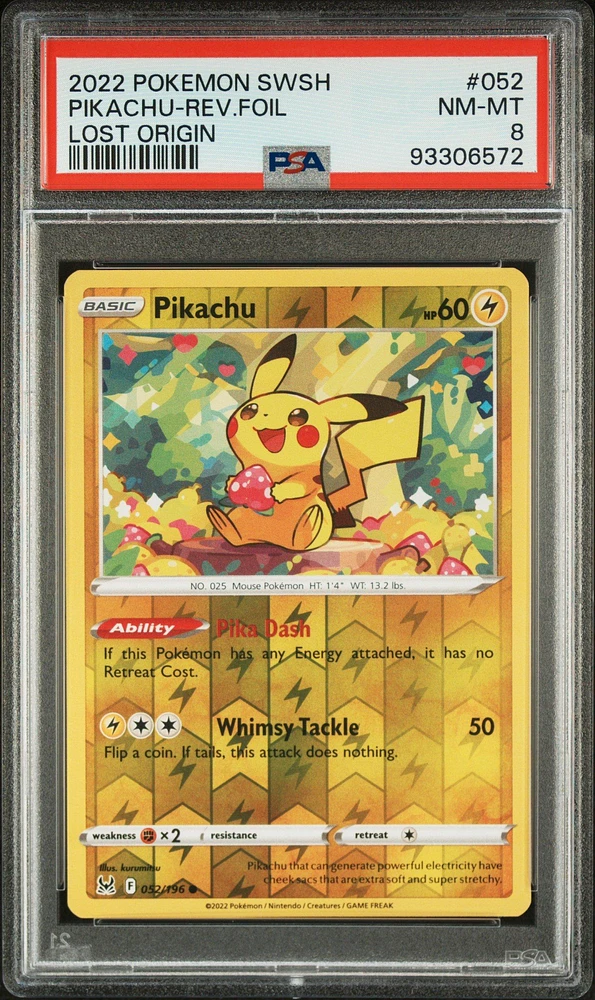 2022 Pokemon Sword & Shield Lost Origin 052 Pikachu-reverse Foil PSA 8
