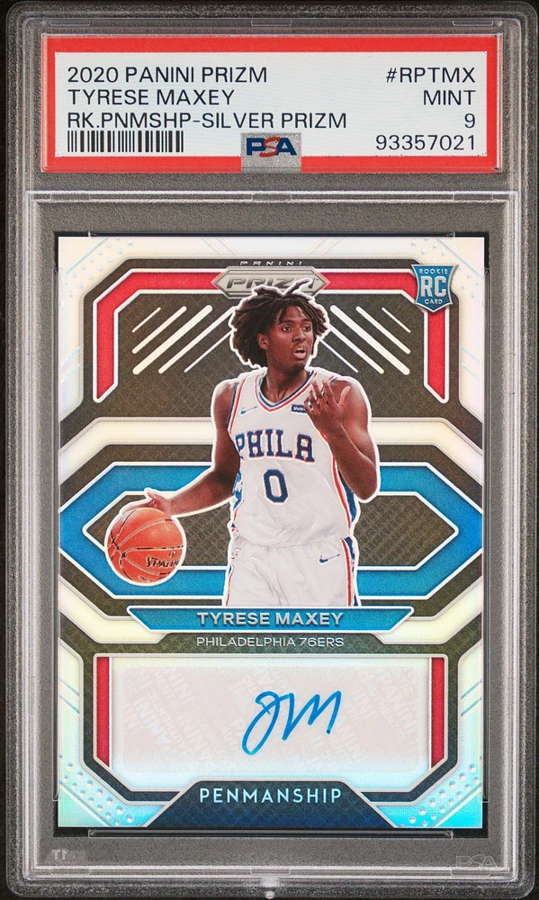 2020 Panini Prizm Rookie Penmanship Rptmx Tyrese Maxey Silver Prizm PSA 9