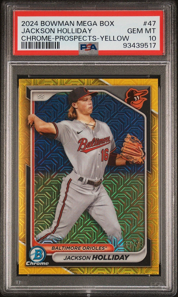 2024 Bowman Mega Box Chrome Prospects 47 Jackson Holliday Yellow PSA 10