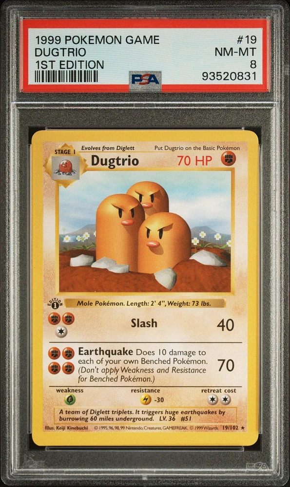 1999 Pokemon Game 19 Dugtrio 1st Edition PSA 8