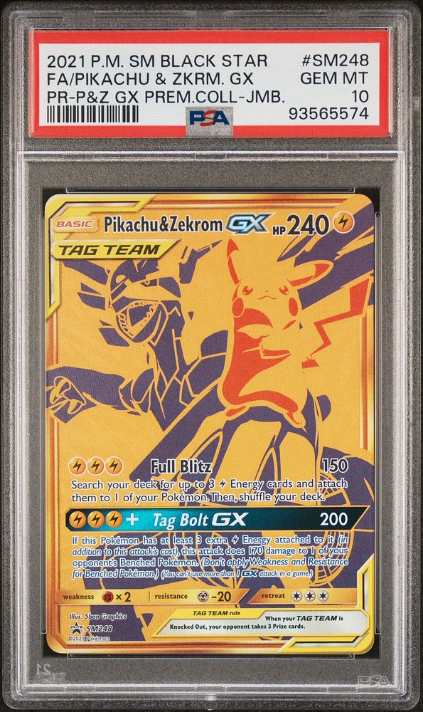 2021 Pokemon Sm Black Star Promo Sm248 Full Art/pikachu & Zekrom Gx Pikachu & Zekrom Gx Premium Collection Jumbo PSA 10