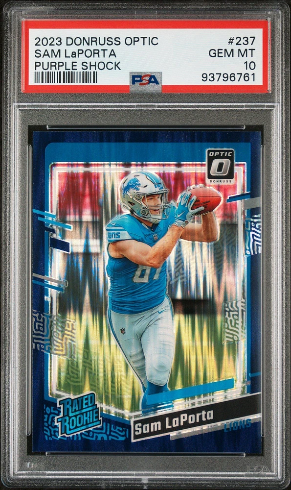 2023 Panini Donruss Optic 237 Sam Laporta Purple Shock PSA 10