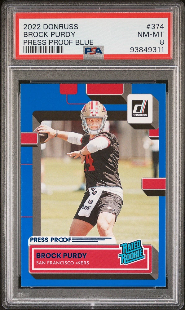 2022 Panini Donruss 374 Brock Purdy Press Proof Blue PSA